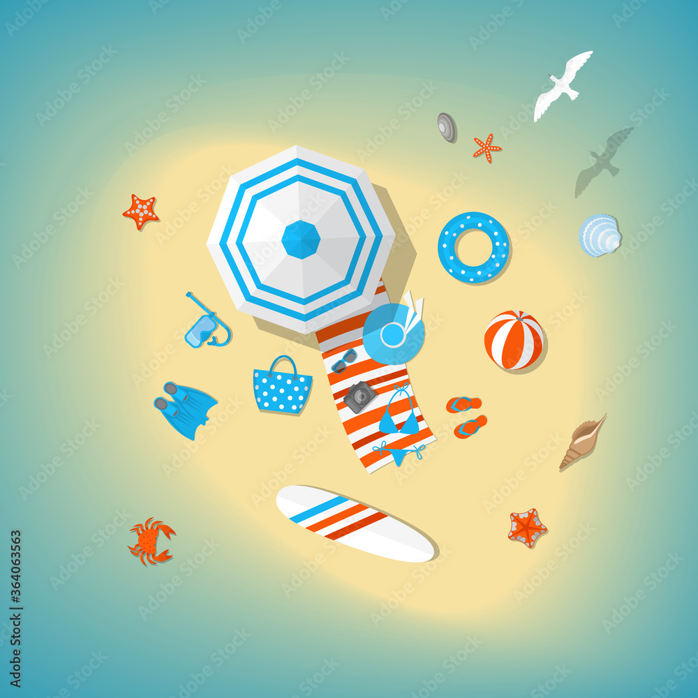 Sunny beach view from above. Summertime - sea, sand, umbrellas, towels, clothes, objects. (Top view)