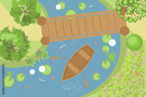 River with a wooden bridge and a boat in the park. Top view.