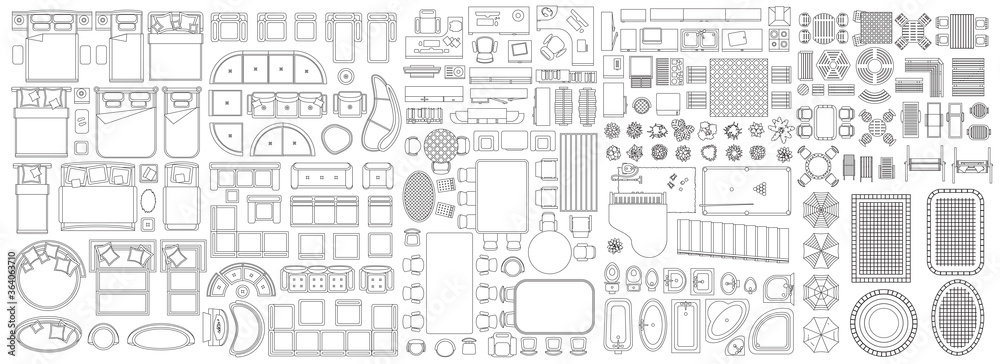 Set of linear icons. Interior top view. Isolated Vector Illustration. Furniture and elements for living room, bedroom, kitchen, bathroom. Floor plan (view from above). Furniture store.