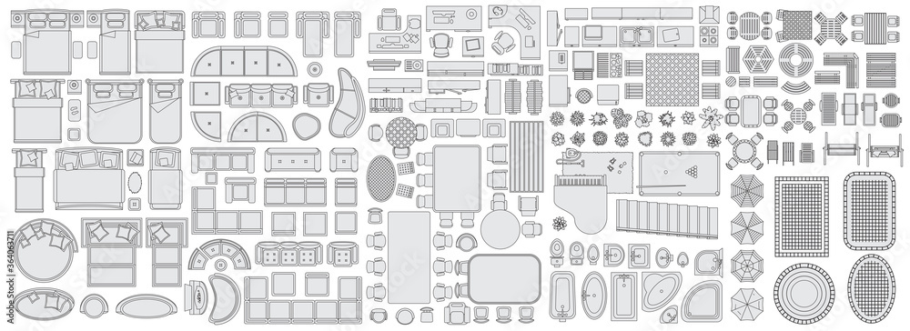 Icons set of interior (top view). Furniture and elements for living room, bedroom, kitchen, bathroom. Floor plan (view from above). Furniture store.
