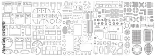 Set of linear icons. Interior top view. Isolated Vector Illustration. Furniture and elements for living room, bedroom, kitchen, bathroom. Floor plan (view from above). Furniture store. photo