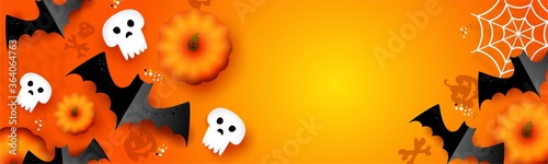Halloween background for the site. Orange background with pumpkins, bats and skulls. 3D illustration. Banner for discounts and invitations. Halloween is a holiday on October 31.