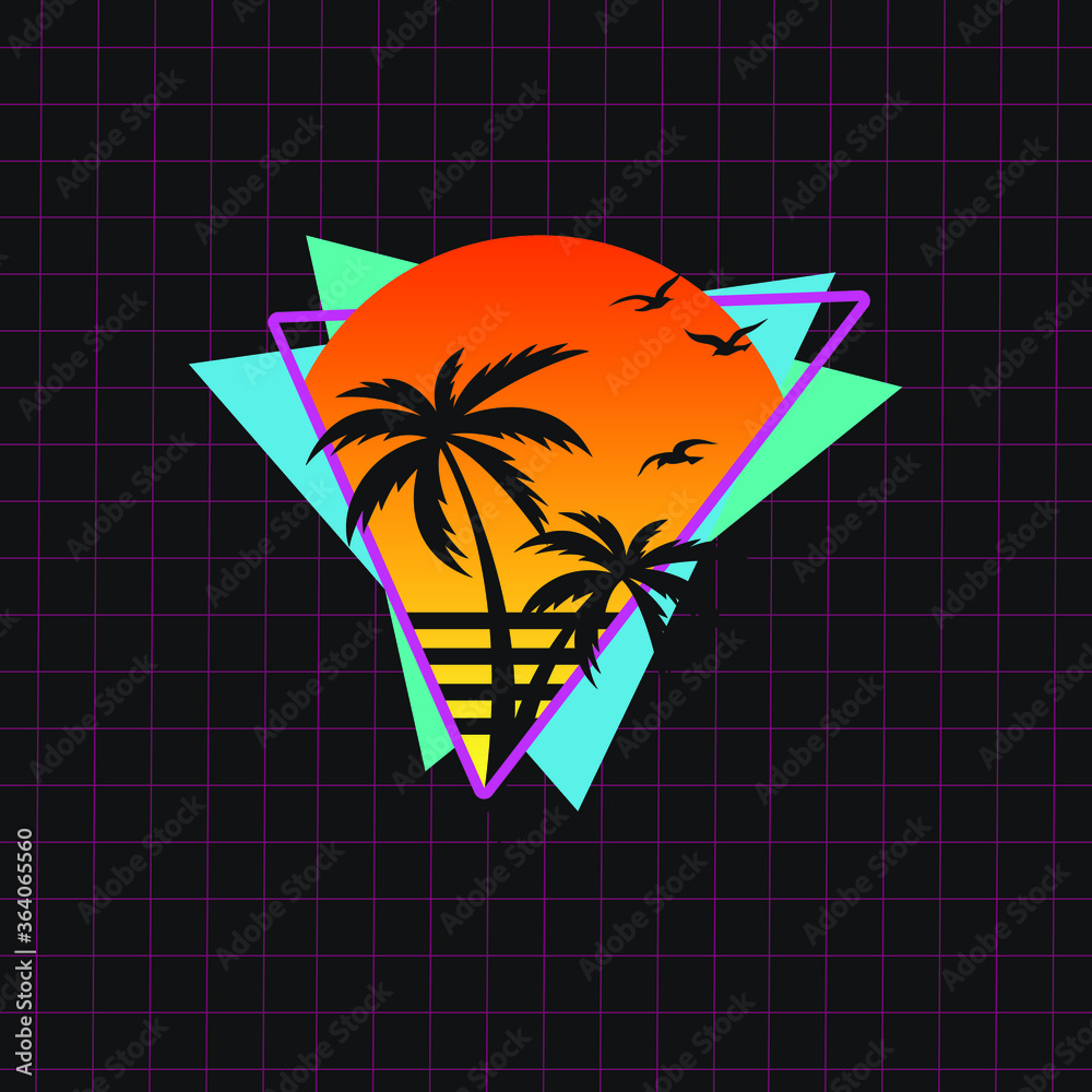 Retro 80's Vector Illustration for T-shirt with Palms and Sunset
