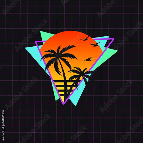 Obraz na płótnie Retro 80's Vector Illustration for T-shirt with Palms and Sunset w salonie