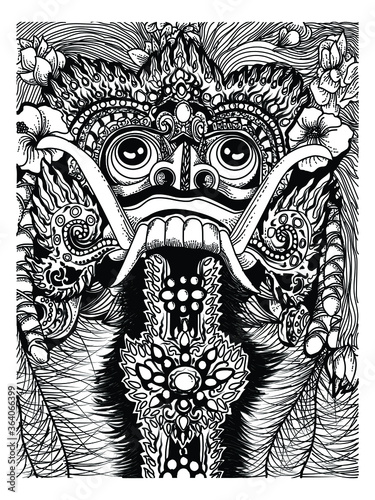 tattoo and t-shirt design black and white hand drawn rangda barong bali premium vector