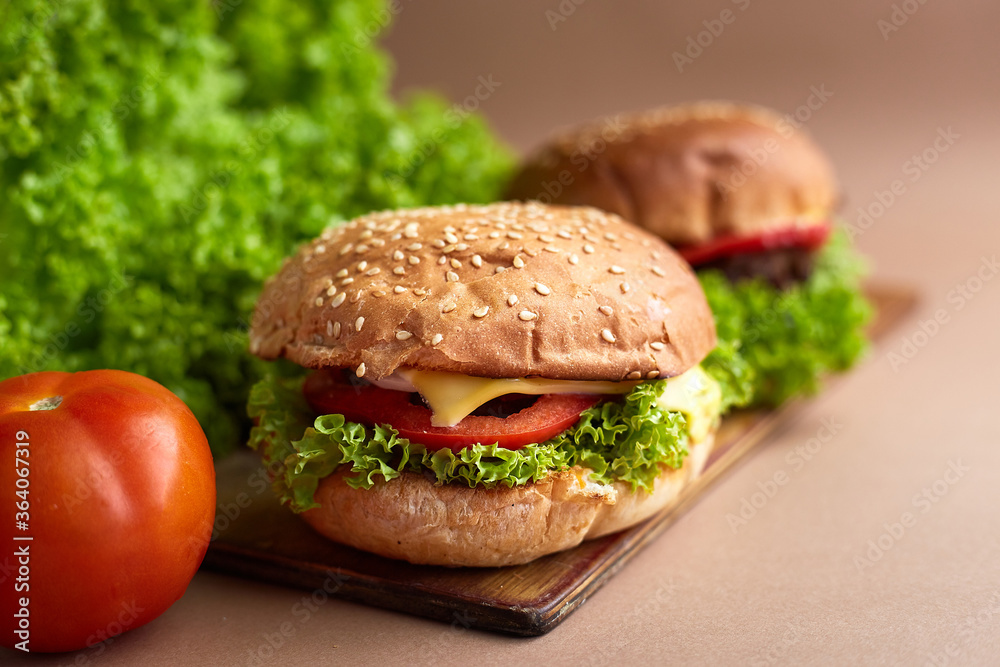 Closeup of a fresh homemade beef burger with tomato, cheese, onion and salad. Street food, fast food. Closeup of a fresh homemade beef burger with tomato, cheese, onion and salad. Street food, fast food.