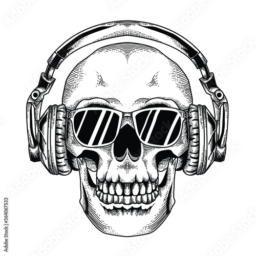 tattoo and t-shirt design black and white hand drawn illustration skull with black glasses and headphone premium vector