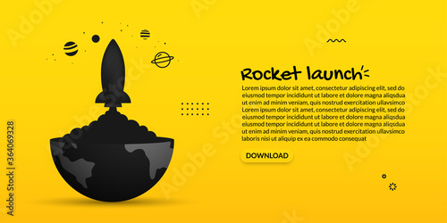 Spaceship launching out from earth on yellow background