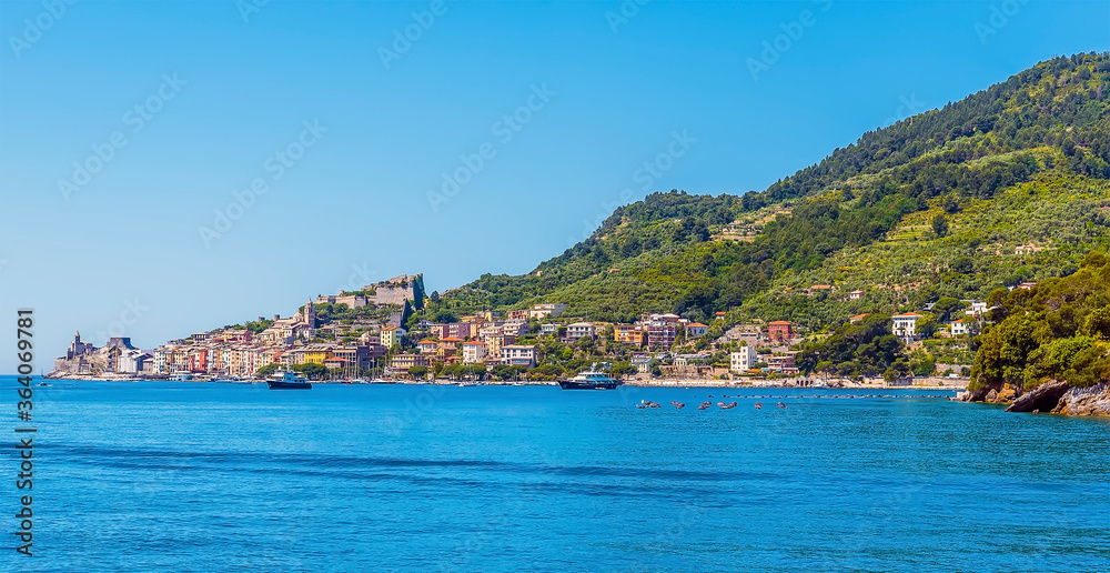 A panorama view from the sea towards Porto Venere, Italy in the summertime