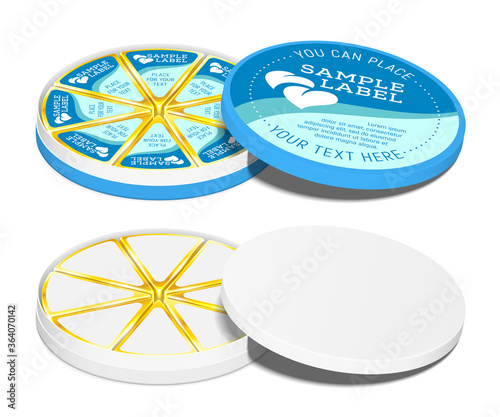Vector round cardboard container with cream cheese sectors sealed in aluminum foil inside. . Packaging mockup illustration.