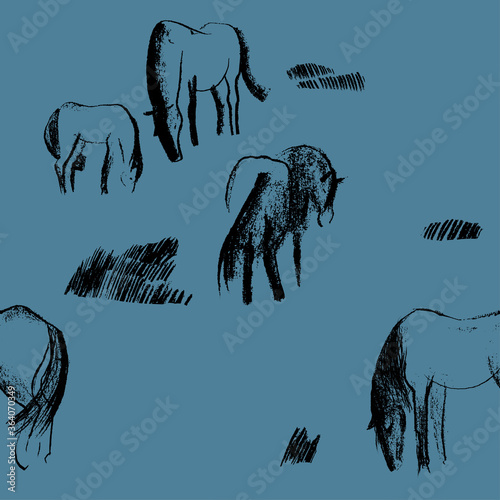 Seamless hand drawn pattern with horses.
