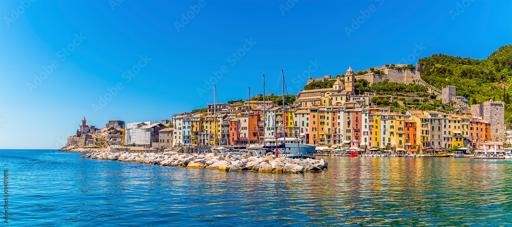 A view across the breakwater and harbour of Porto Venere, Italy in the summertime