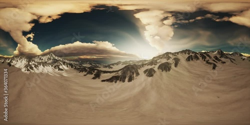 rays of sunset on the tops of the mountains on a sunny day. vr360 virtual reality photo