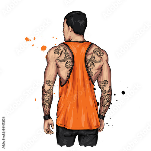 A guy with a sports figure and a stylish T-shirt. Athlete. Vector illustration for a card or poster, print on clothes. Fashion and sport, accessories. Muscular man.