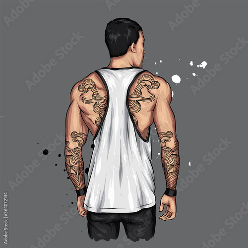 A guy with a sports figure and a stylish T-shirt. Athlete. Vector illustration for a card or poster, print on clothes. Fashion and sport, accessories. Muscular man.