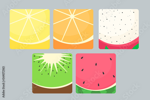 Set of fruits in a cut, fruit buttons icons, watermelon, dragon fruit, kiwi, lemon, orange. Stylized fruit buttons .Vector isolates in cartoon flat style.