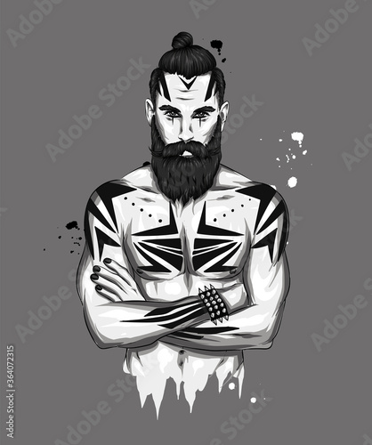 Original vector illustration, man with fashionable hairstyle and tattoo. Hipster. Print on a t-shirt or sticker. Bearded man.
