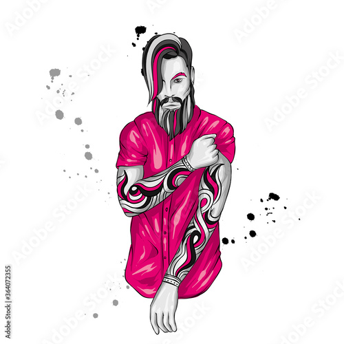 Original vector illustration, man with fashionable hairstyle and tattoo. Hipster. Print on a t-shirt or sticker. Bearded man. 