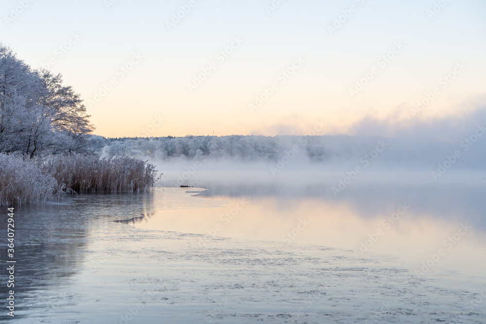 Fototapeta premium Misty morning, dancing fairies, swirling fog, at sunrise, dawn. Early winter landscape with frost. Misty blue pink background with place for text, copy space.