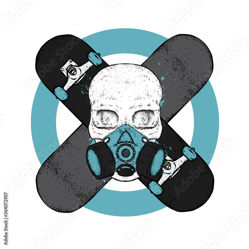 Skateboards in the shape of a stop sign. Do not stop. Vector illustration for design or poster, print for clothes. Skate, sport and extreme. Skull and graffiti.