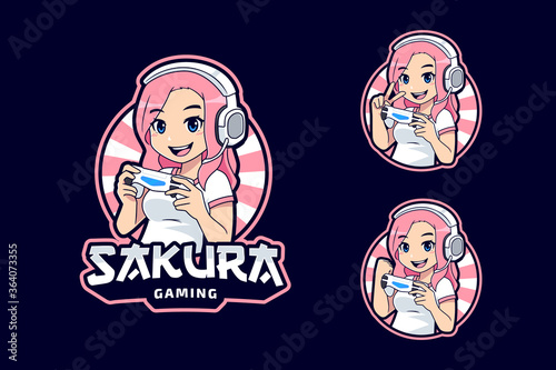 Sakura gaming logo mascot, cute cartoon character streamer girl set