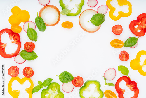 sliced vegetables pattern for cooking design on white background top view flat lay.