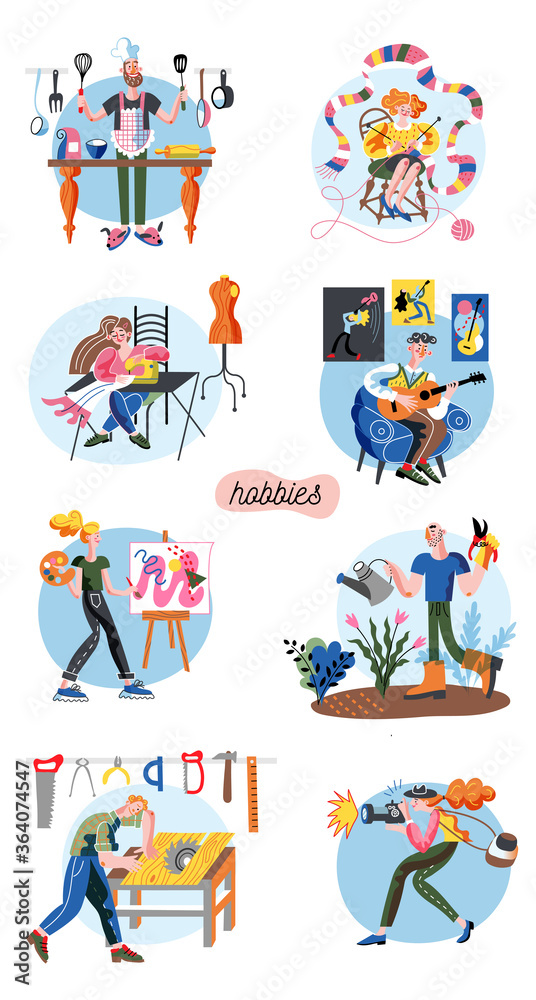 Set of vector hobby characters man and woman Set of vector hobby characters man and woman