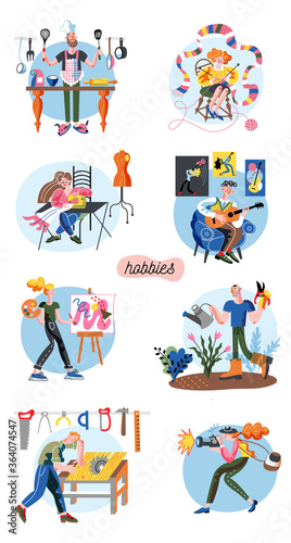 Set of vector hobby characters man and woman