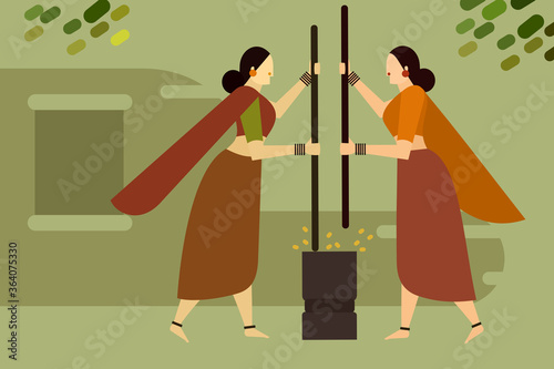 Two women milling rice in the old traditional way