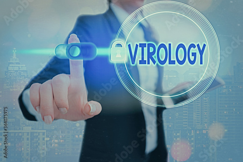 Conceptual hand writing showing Virology. Concept meaning branch of science dealing with the variety of viral agents and disease Graphics padlock for web data security application system photo