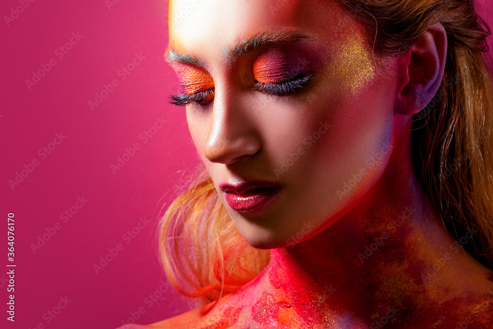 Bright makeup and face art, close-up portrait. Creative makeup, Bright makeup and face art, close-up portrait. Creative makeup,