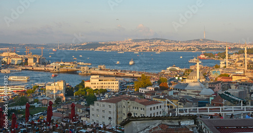 Panorama of Istanbul taken from near Suleymaniye mosque, Eminonu, Fatih. It shows the view across the Bosphorus towards Uskudar. Galata Bridge is in the centre, Rustem Pasa & Yeni Mosques on the right