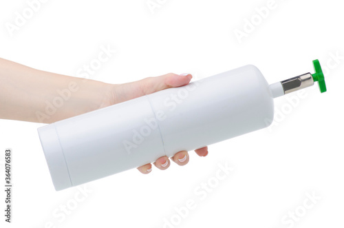 Hand holding freon balloon climate equipment on white background isolation