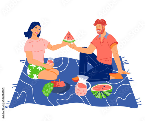 Couple having a summer picnic together, flat isolated vector illustration. A man and a woman sit on a plaid and treat each other on a picnic. People eat in nature.