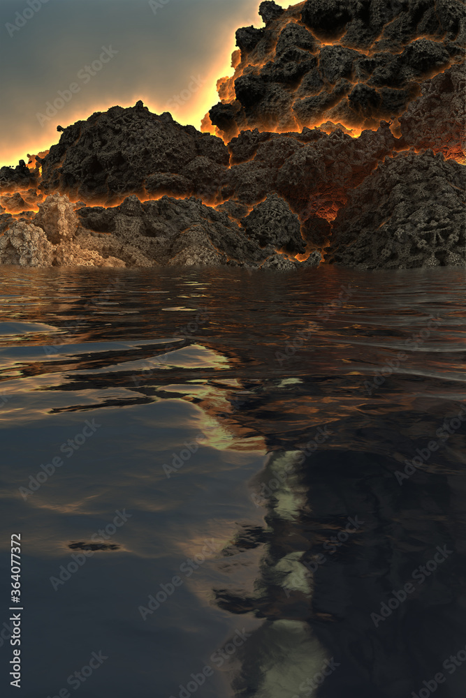 Fantastic 3d image of a volcano before the eruption, on the lake, with fire exiting through the faults of the mountain and reflection in the water