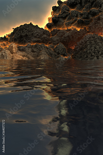 Fantastic 3d image of a volcano before the eruption, on the lake, with fire exiting through the faults of the mountain and reflection in the water