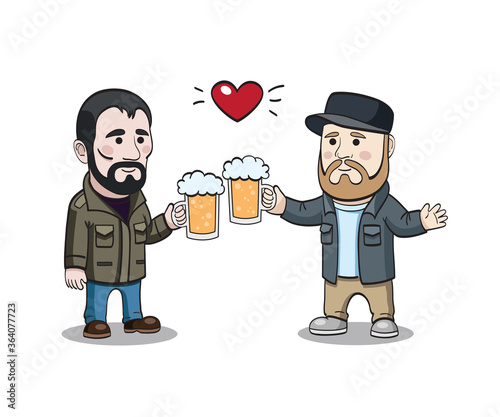 Vector illustration of two cartoony bearded male characters with beer mugs. Friendship and acquaintance concept. Meeting in pub. Beer lovers.