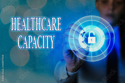 Writing note showing Healthcare Capacity. Business concept for maximum amount of patients provided with the right medical service Graphics padlock for web data information security application system photo