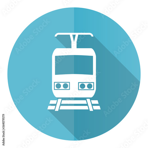 Train vector icon, flat design blue round web button isolated on white background