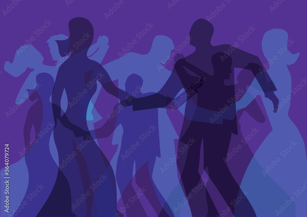 Ballroom dancing,  dance party silhouettes background.
Violet background with silhouettes of dancing young couples. Vector available.
