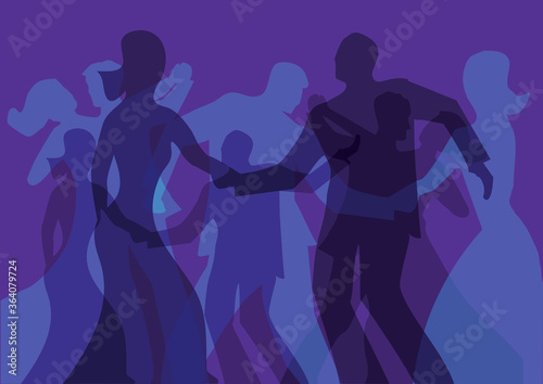 Ballroom dancing, dance party silhouettes background. Violet background with silhouettes of dancing young couples. Vector available. 