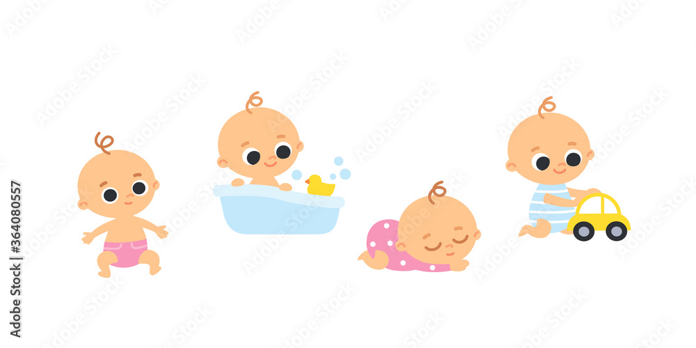 Set of 4 four babies crawling and sitting, taking bath, sleeping. Baby girls and baby boys. Children's activities.