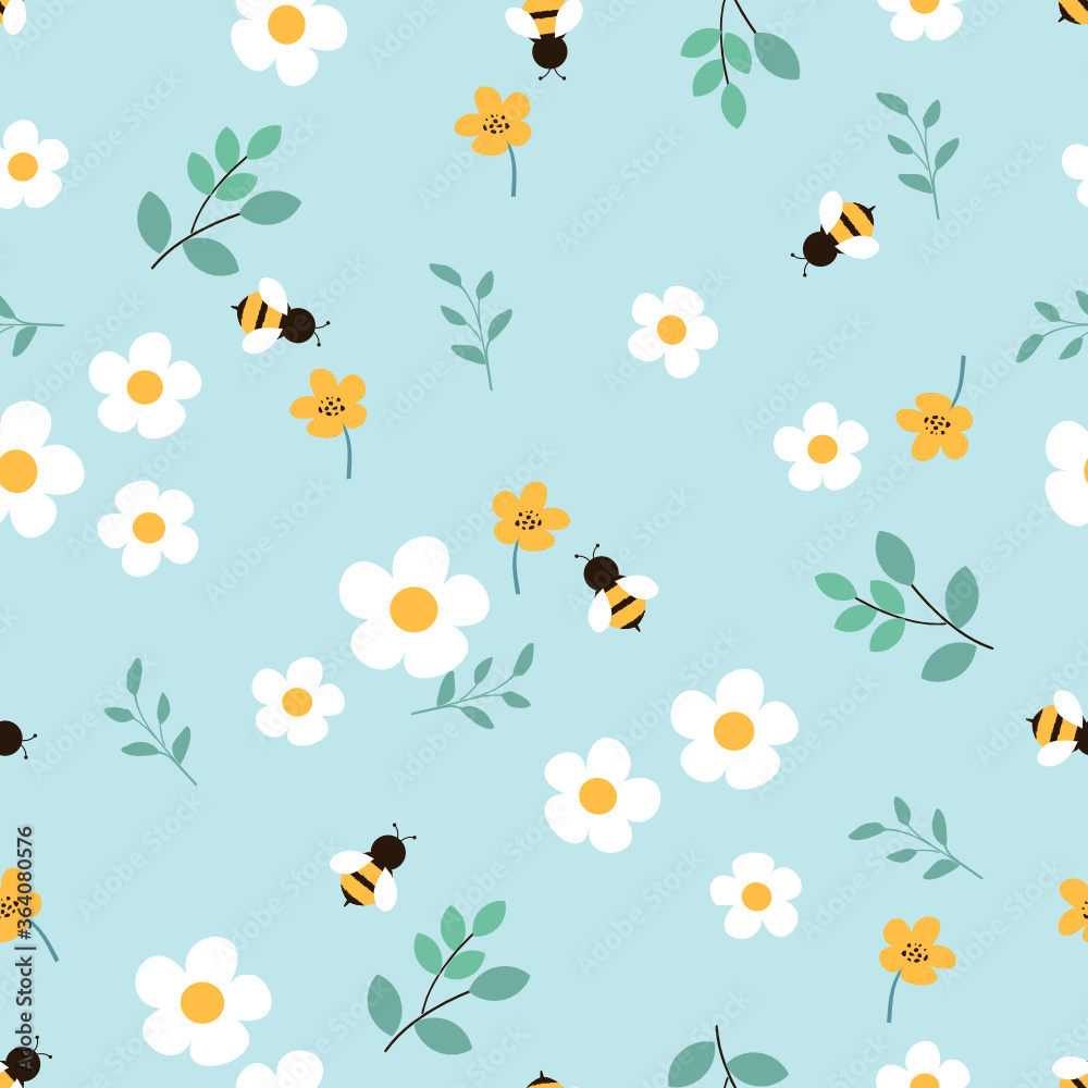 Seamless of little flower and cartoon bees on blue background vector. Cute  floral pattern. Stock Vector | Adobe Stock