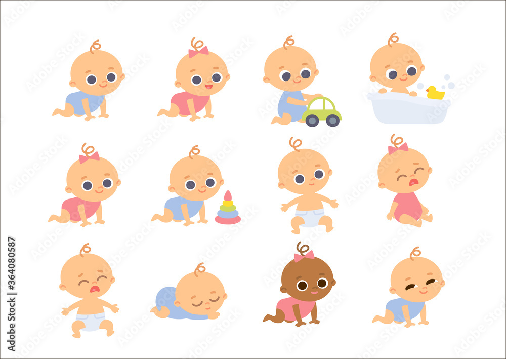 Big set of baby toddlers different nationalities cartoon characters in various poses. Baby girls and boys with different emotions.