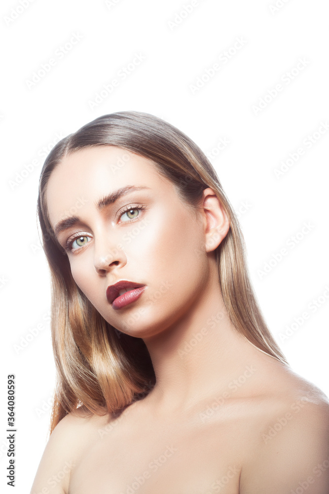Beautiful young woman portrait, perfect skin, red cherry lips makeup, hair style Beautiful young woman portrait, perfect skin, red cherry lips makeup, hair style