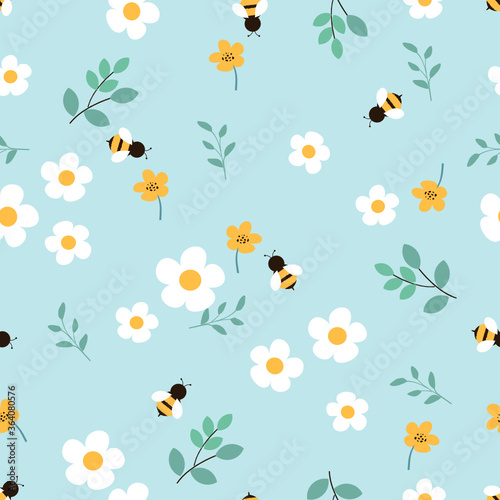 Seamless of little flower and cartoon bees on blue background vector. Cute floral pattern.