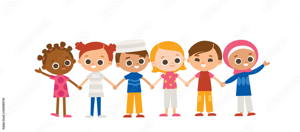 Set of 6 six kids holding hands. International characters. Multicultural concept. Set of 6 six kids holding hands. International characters. Multicultural concept.