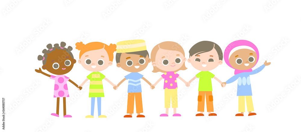 Set of 6 six kids holding hands. International characters. Multicultural concept. Set of 6 six kids holding hands. International characters. Multicultural concept.