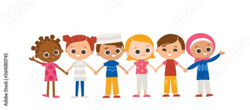 Set of 6 six kids holding hands. International characters. Multicultural concept.