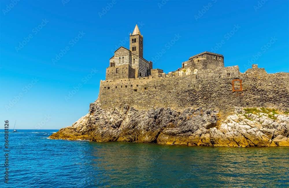 A close-up view towards the church of Saint Peter in Porto Venere, Italy in the summertime